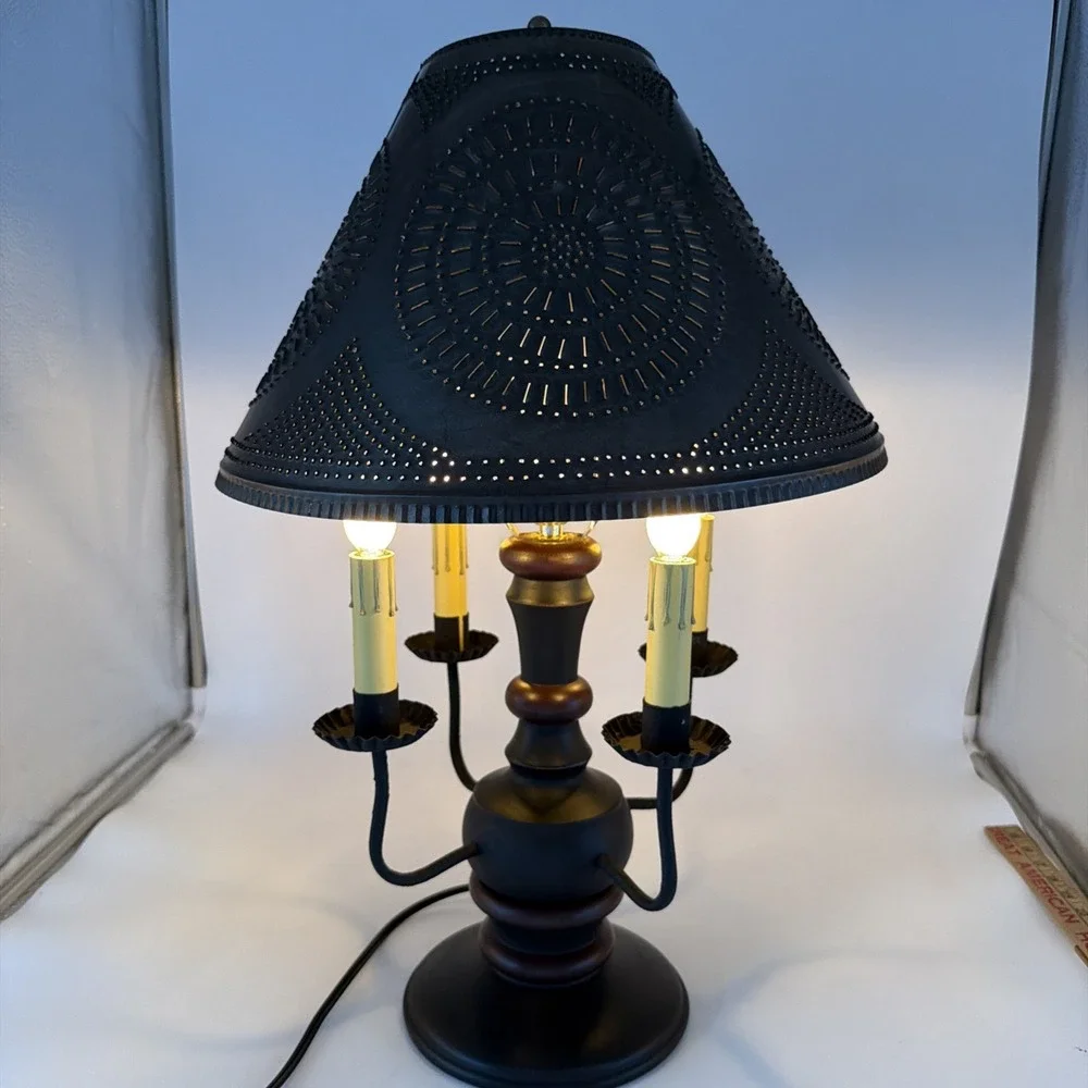 Cedar Creek Lamp W/Sturbridge Red Over Black & Kettle Black Punched Tin Shade